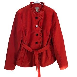 LL Bean Burnt orange ruffle collar corduroy belted jacket